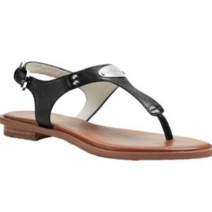 Michael Kors Black Saffiano Leather Plate Logo Flat Sandals Womens Size 8M